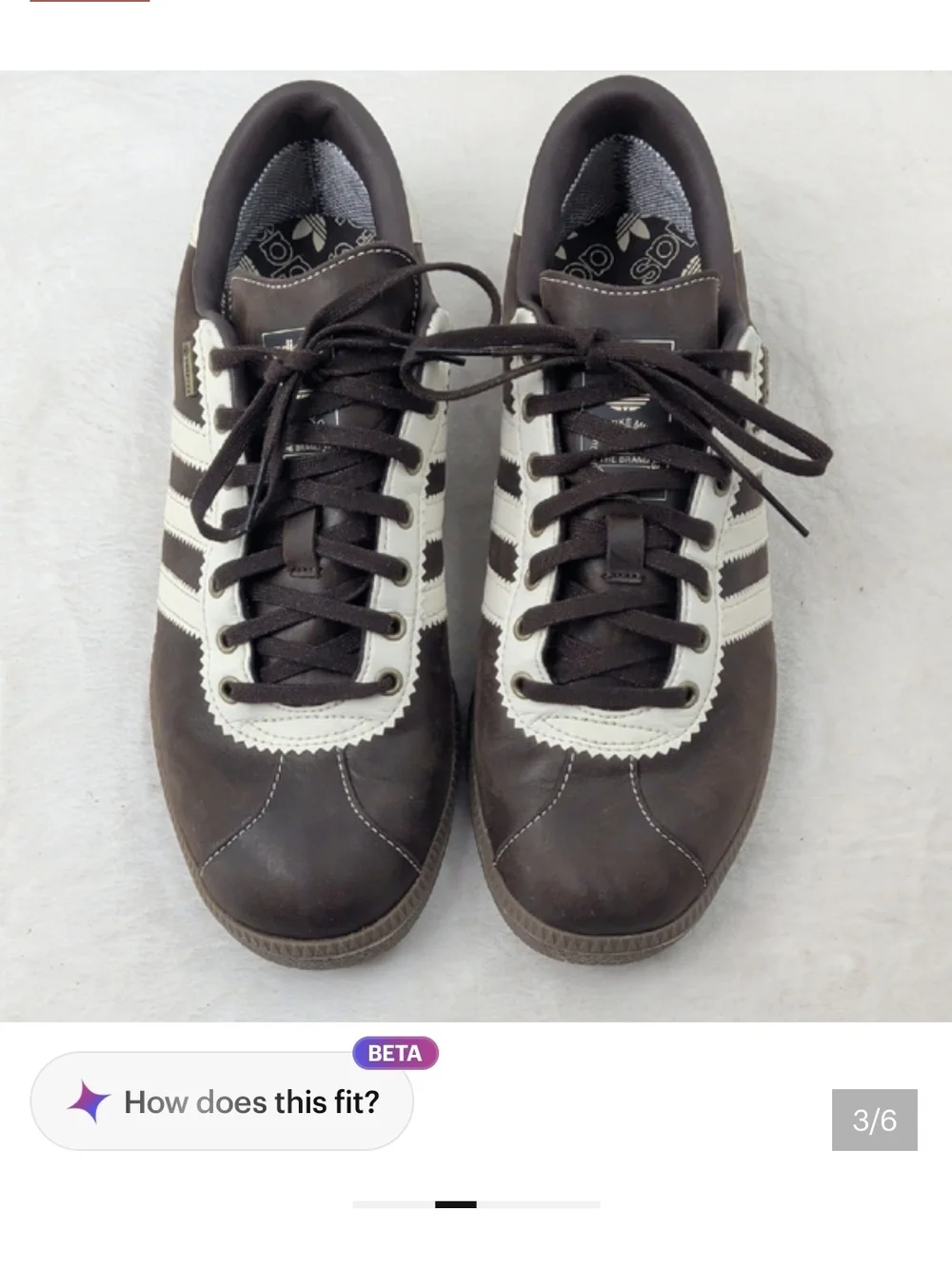 Mens 7.5, Ladies 9 adidas Brown Sneakers with Cream Three-Stripes